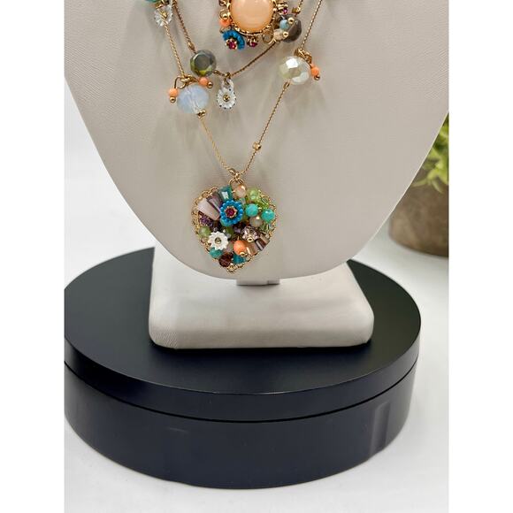 Betsey Johnson MultiStrand Bead Flower Heart Illusion Multicolor Necklace - Picture 3 of 9